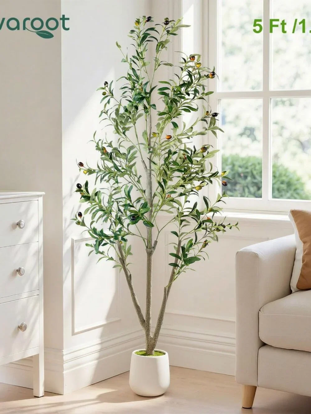 Olive Trees Artificial Indoor, 5FT Tall Faux Olive Tree with Moss and Planter, A